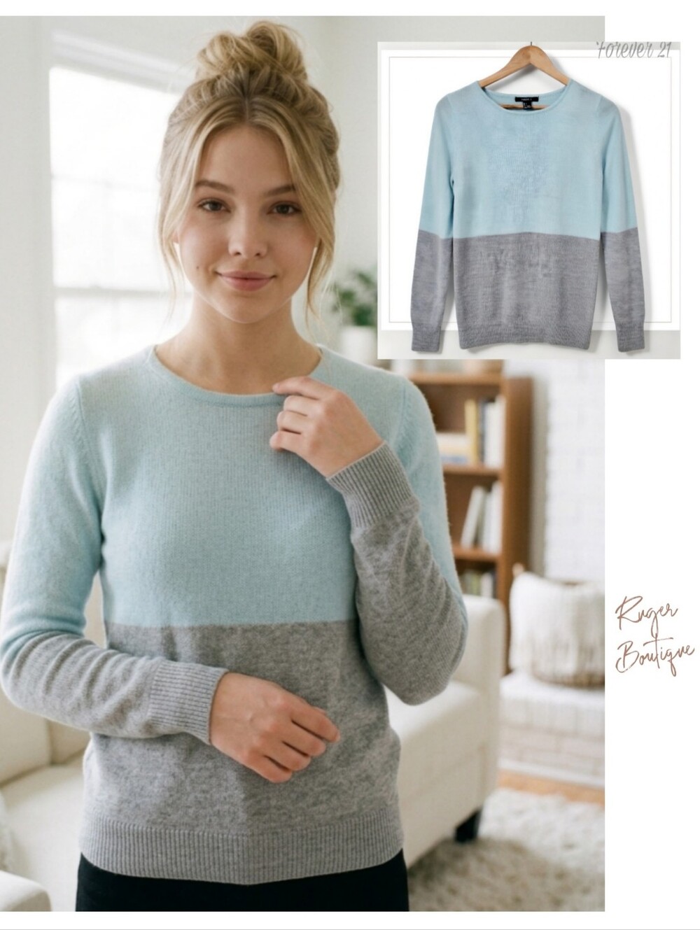 🌿Forever 21 Women's Small Sea Green and Gray Color Block Sweater